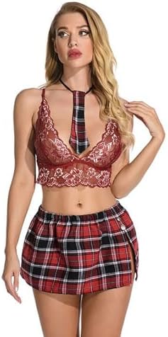 Daring Fishnet Bra Plaid Mini Skirt Set for Roleplay