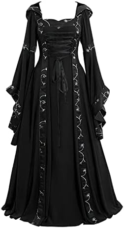 Muyise Womens Medieval Renaissance Gown Dress - Gothic Steampunk Evening Party Dress Black