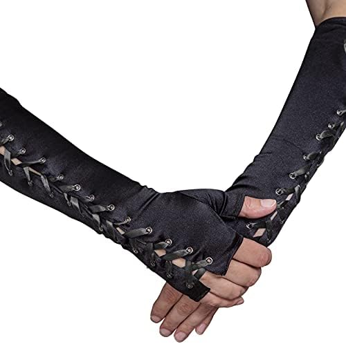Long Black Fingerless Lace Up Gloves for Dress Up Costume