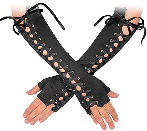 Long Black Fingerless Lace Up Gloves for Dress Up Costume