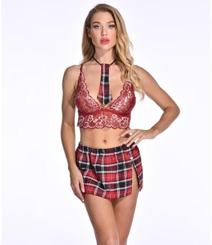 Daring Fishnet Bra Plaid Mini Skirt Set for Roleplay
