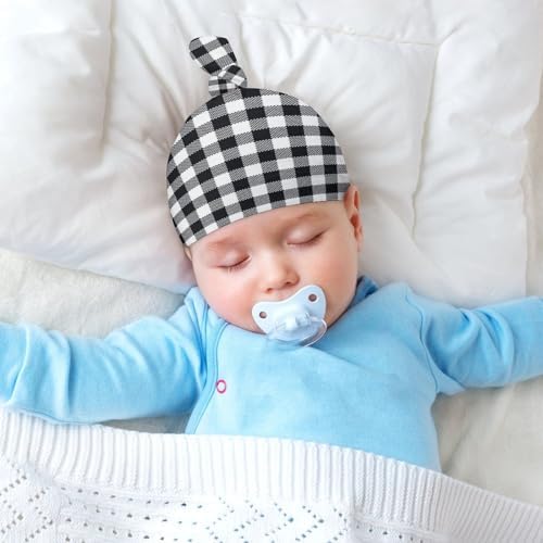 Plaid Black and White Baby Newborn Beanie Hat Set