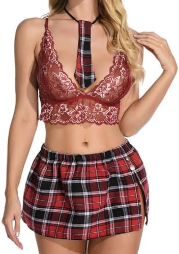 Daring Fishnet Bra Plaid Mini Skirt Set for Roleplay