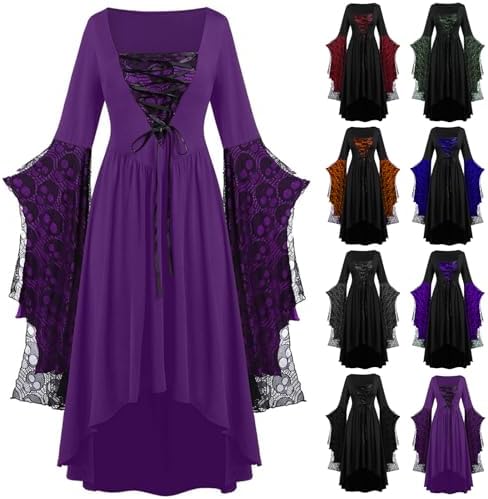TIGENA Halloween Plus Size Witch Costume Long Sleeve Gothic Medieval Dress