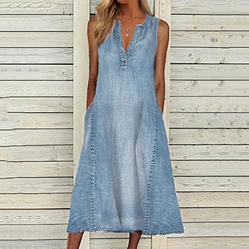 Sfascumop V-Neck Bodycon Denim Dress - Blue Chambray for Summer