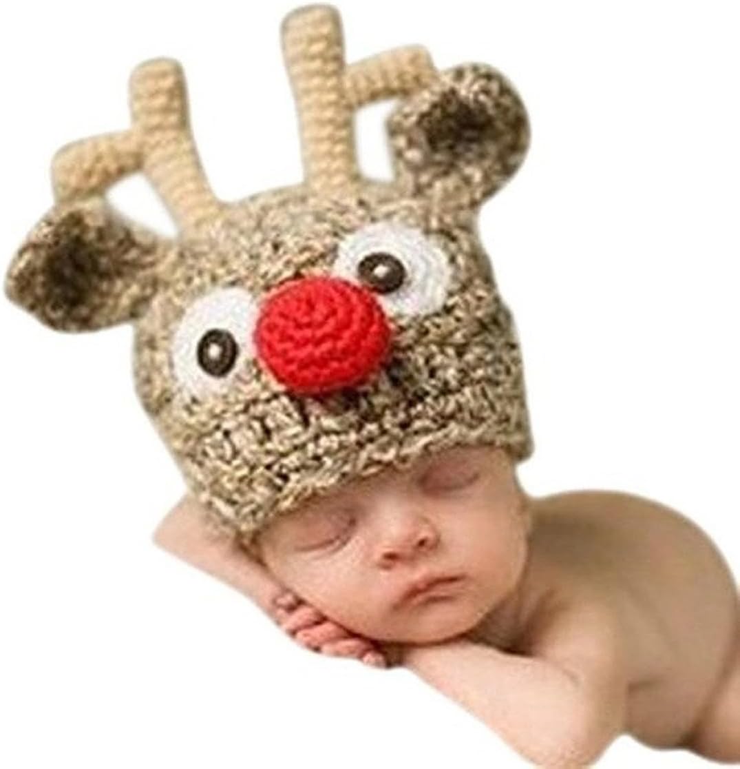 Handmade Knitted Reindeer Hat for Newborn Boys with Antlers