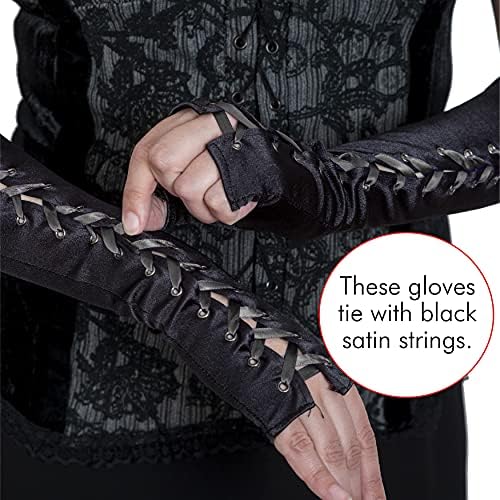 Long Black Fingerless Lace Up Gloves for Dress Up Costume