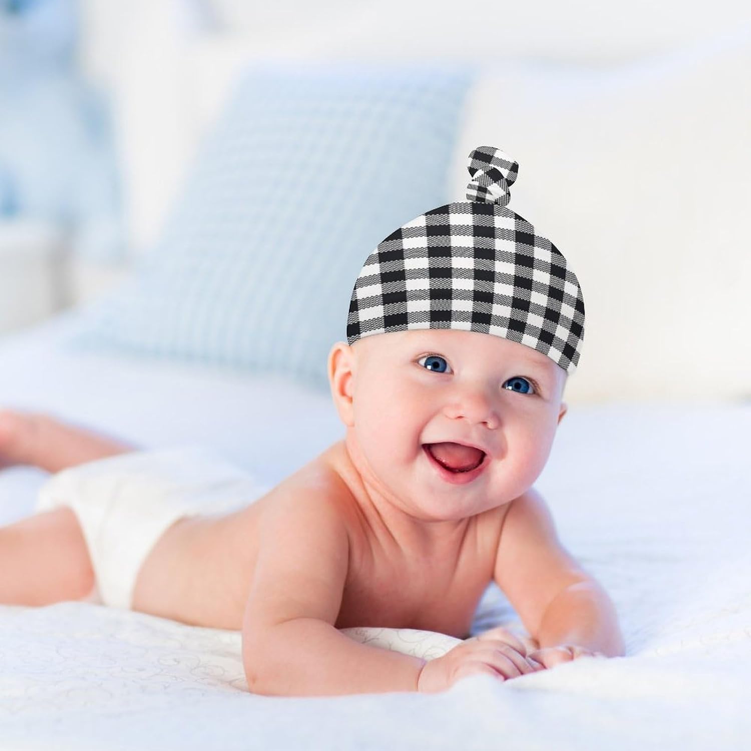 Plaid Black and White Baby Newborn Beanie Hat Set
