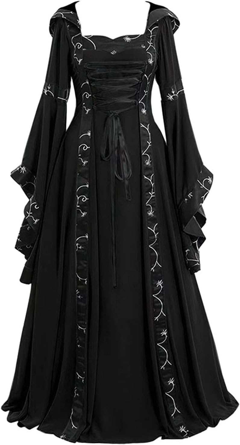 Muyise Womens Medieval Renaissance Gown Dress - Gothic Steampunk Evening Party Dress Black