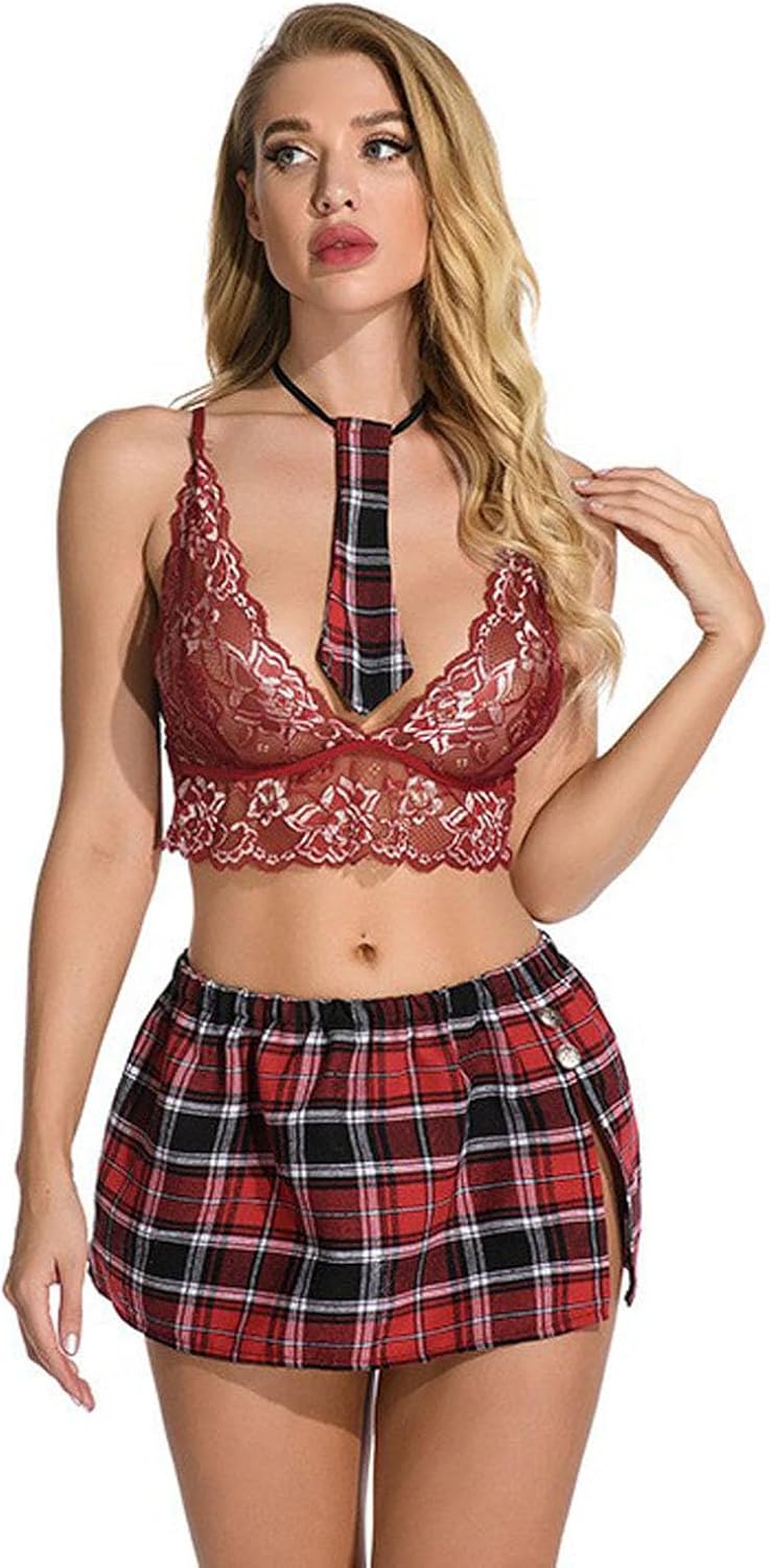 Daring Fishnet Bra Plaid Mini Skirt Set for Roleplay