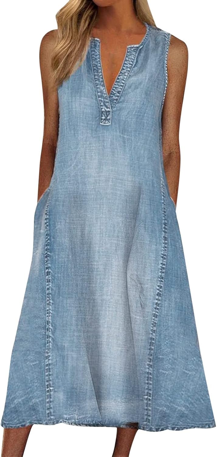 Sfascumop V-Neck Bodycon Denim Dress - Blue Chambray for Summer