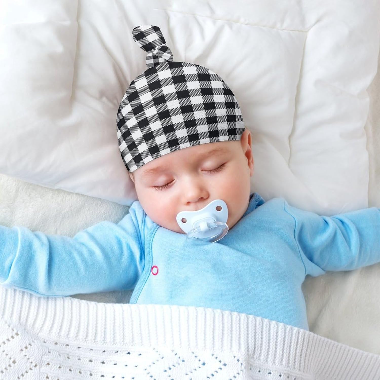 Plaid Black and White Baby Newborn Beanie Hat Set