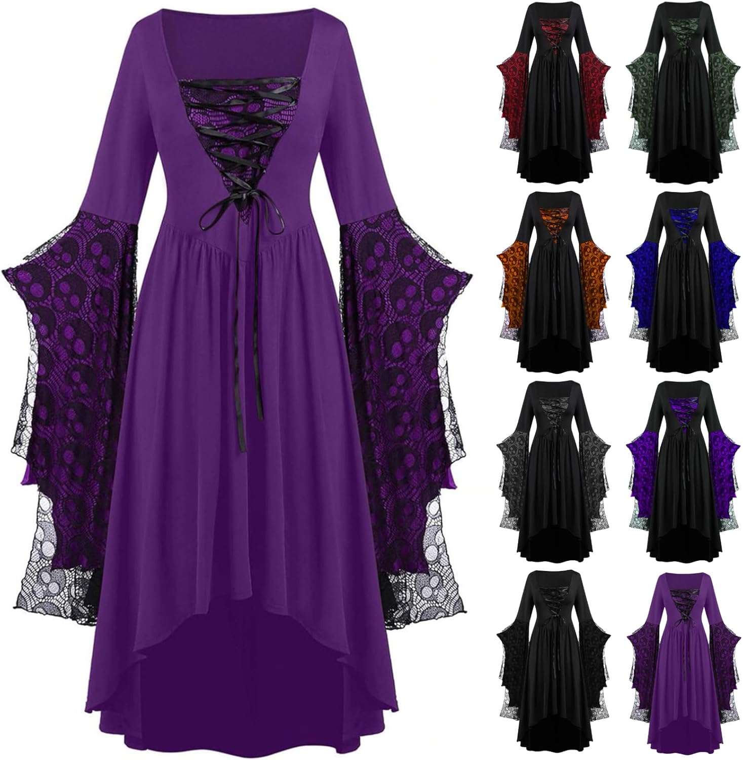 TIGENA Halloween Plus Size Witch Costume Long Sleeve Gothic Medieval Dress