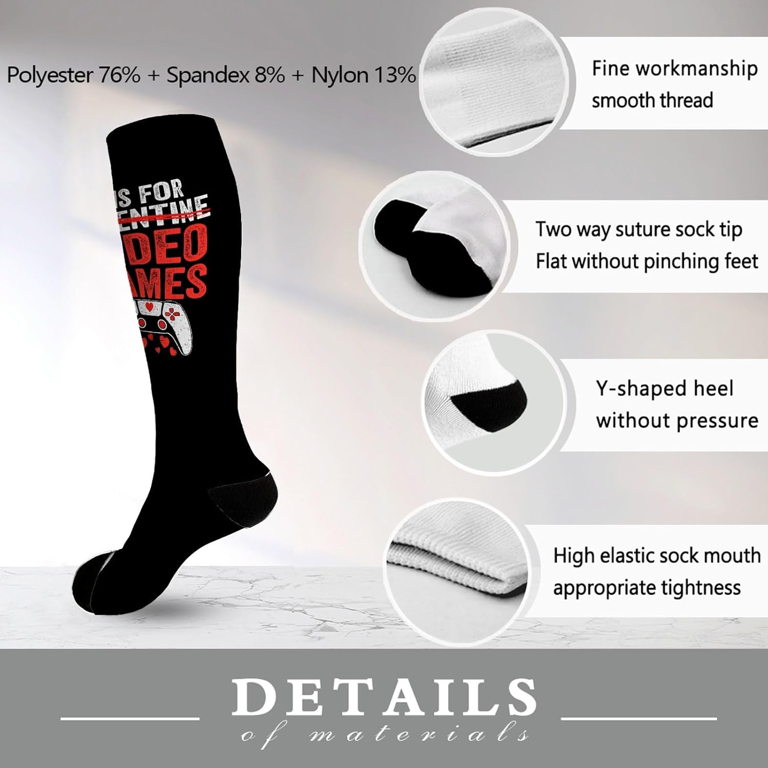 Mens Knee High Funny Socks for Gamers Valentines Day Xbox PS4