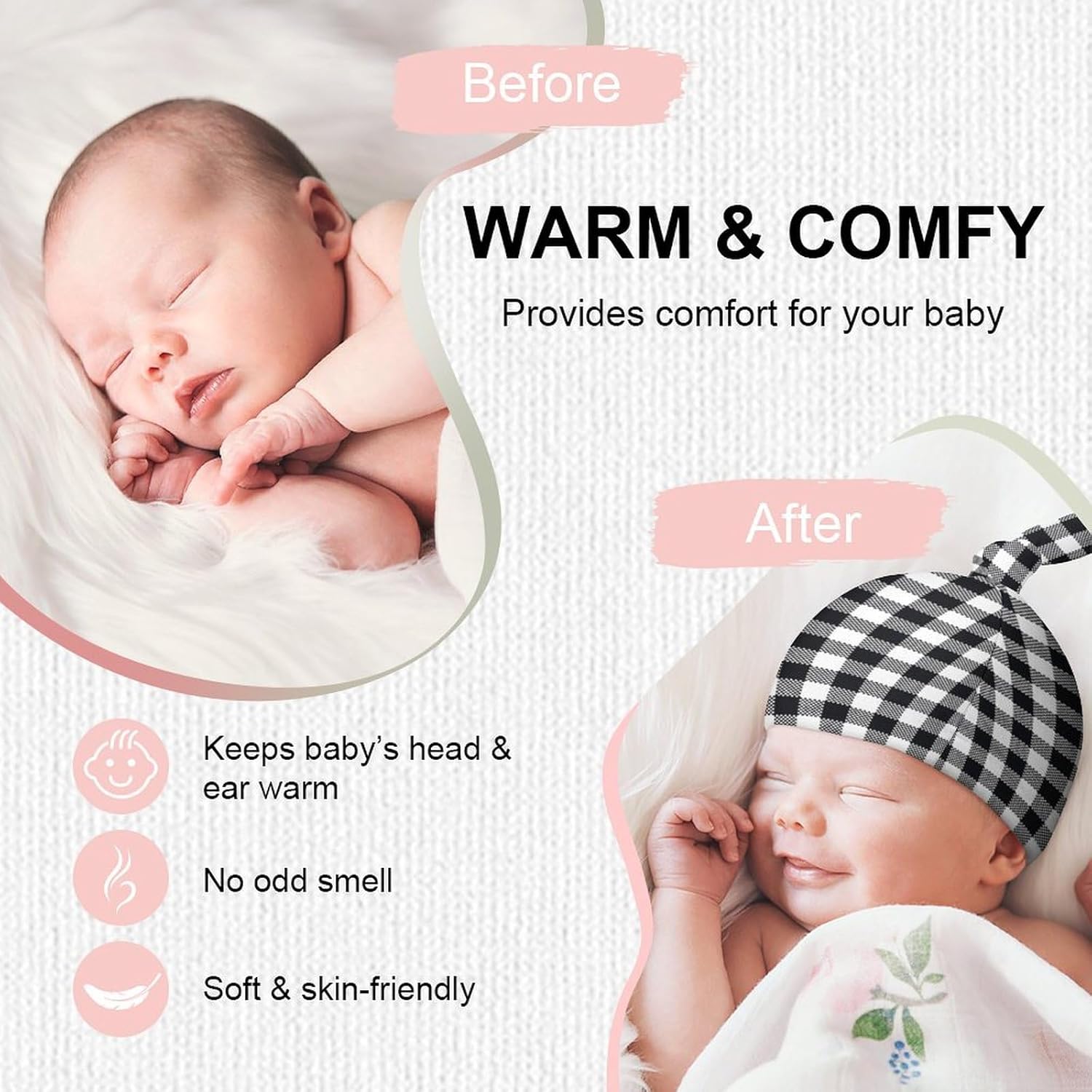 Plaid Black and White Baby Newborn Beanie Hat Set