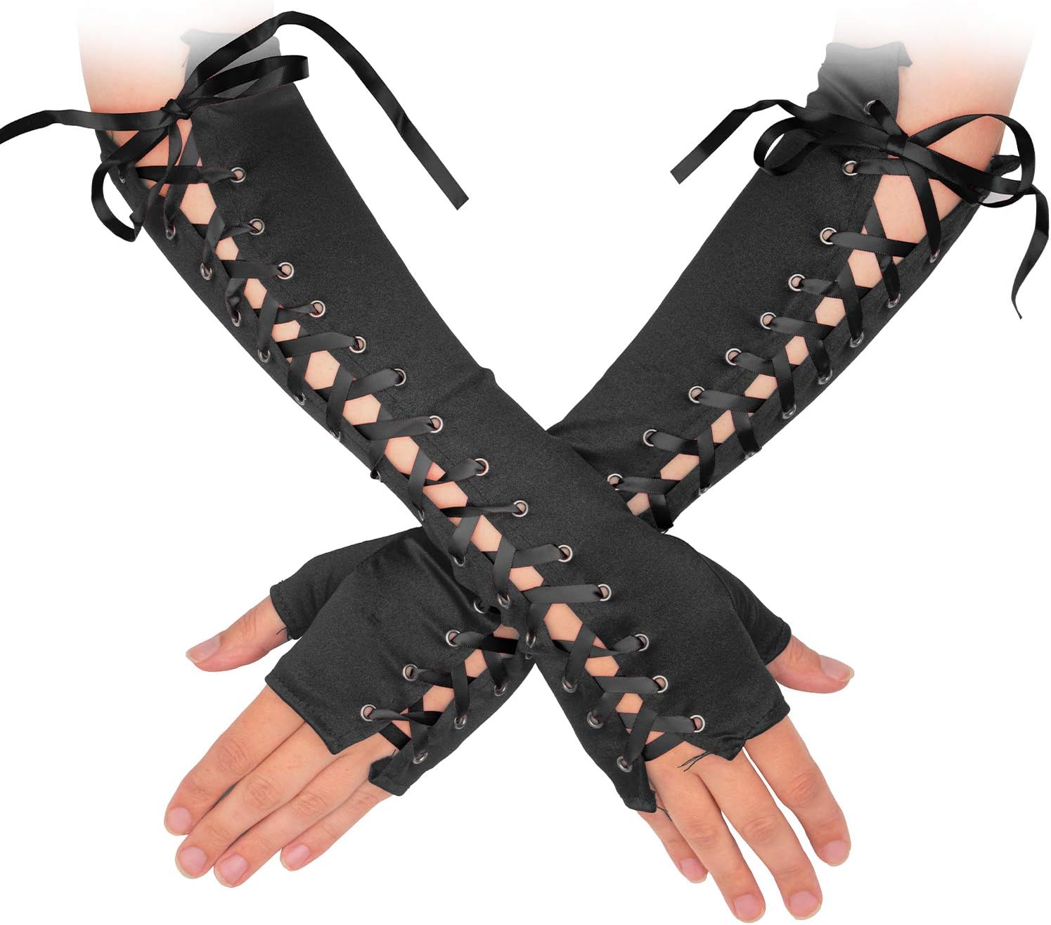 Long Black Fingerless Lace Up Gloves for Dress Up Costume