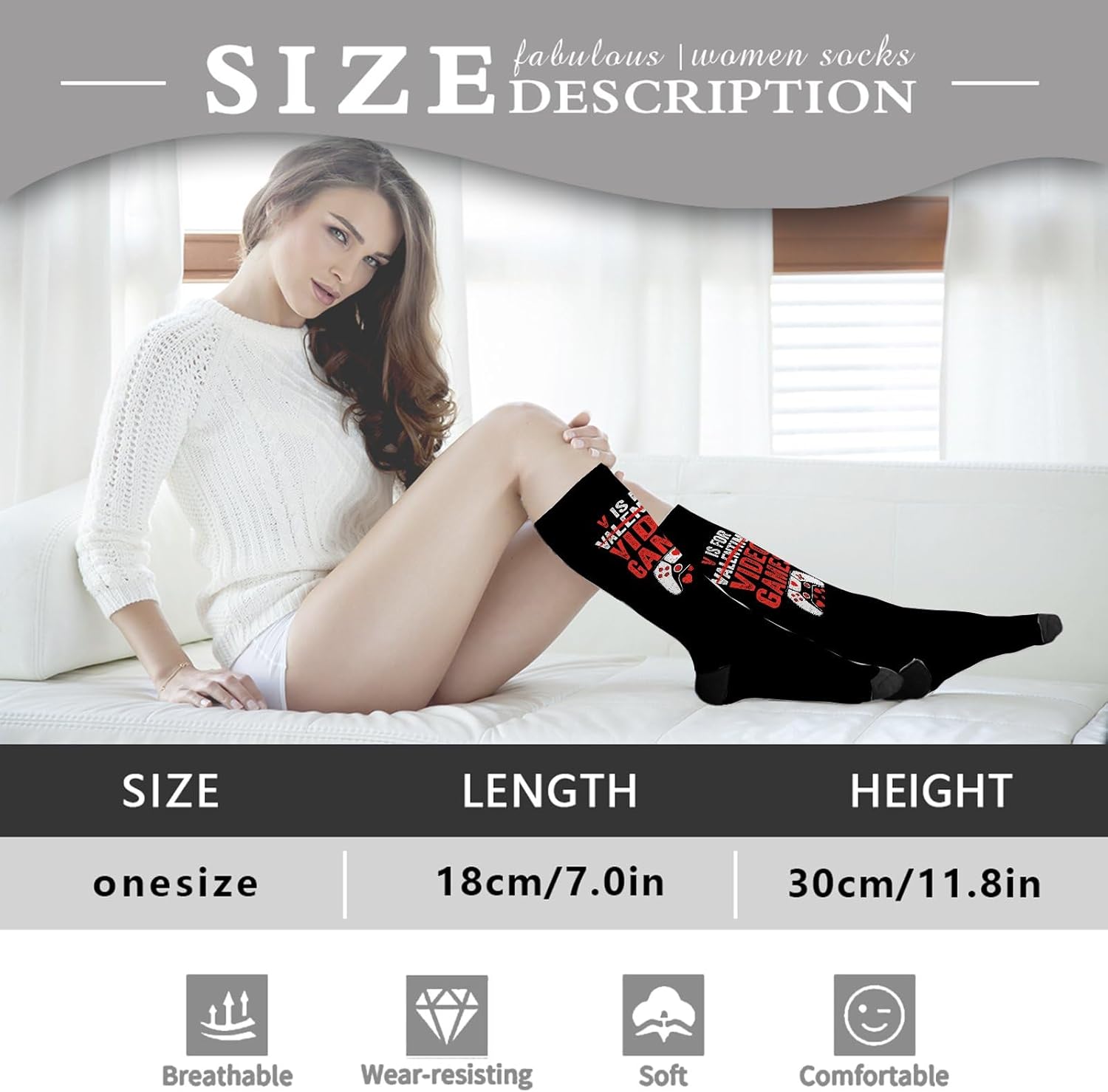 Mens Knee High Funny Socks for Gamers Valentines Day Xbox PS4