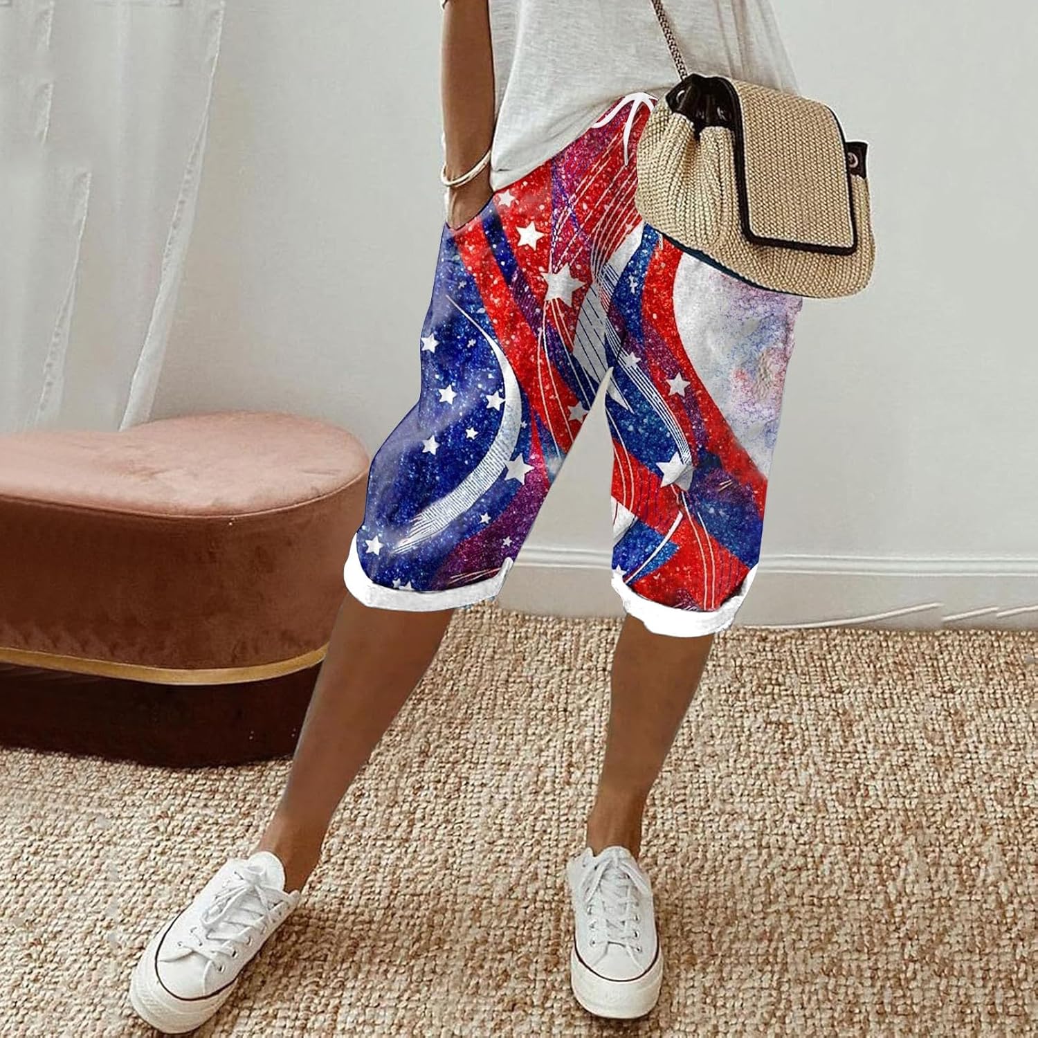 Sfascumop Womens Patriotic Flag Shorts