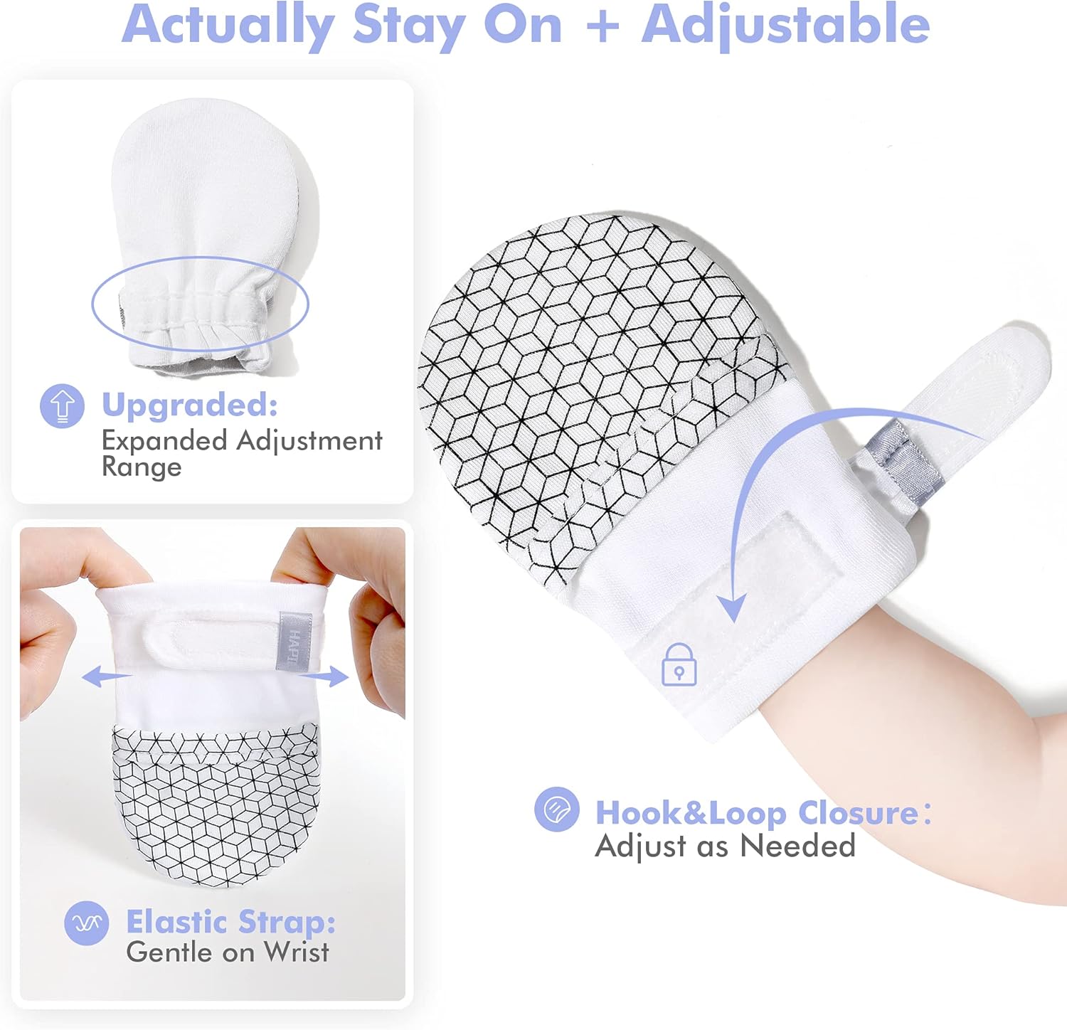 HAPIU Baby No Scratch Mittens Stay On - 100 Cotton Breathable and Adjustable