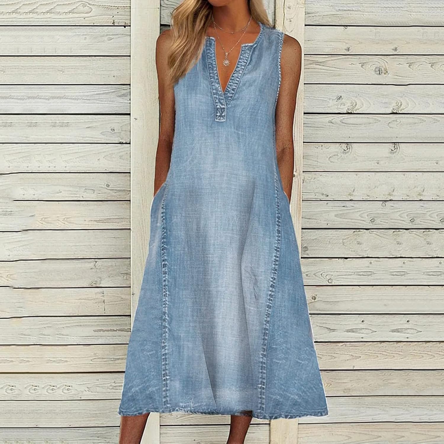 Sfascumop V-Neck Bodycon Denim Dress - Blue Chambray for Summer