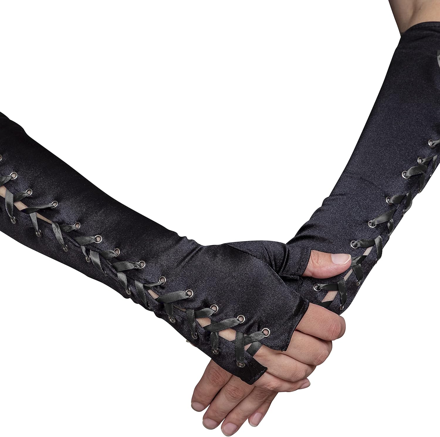 Long Black Fingerless Lace Up Gloves for Dress Up Costume