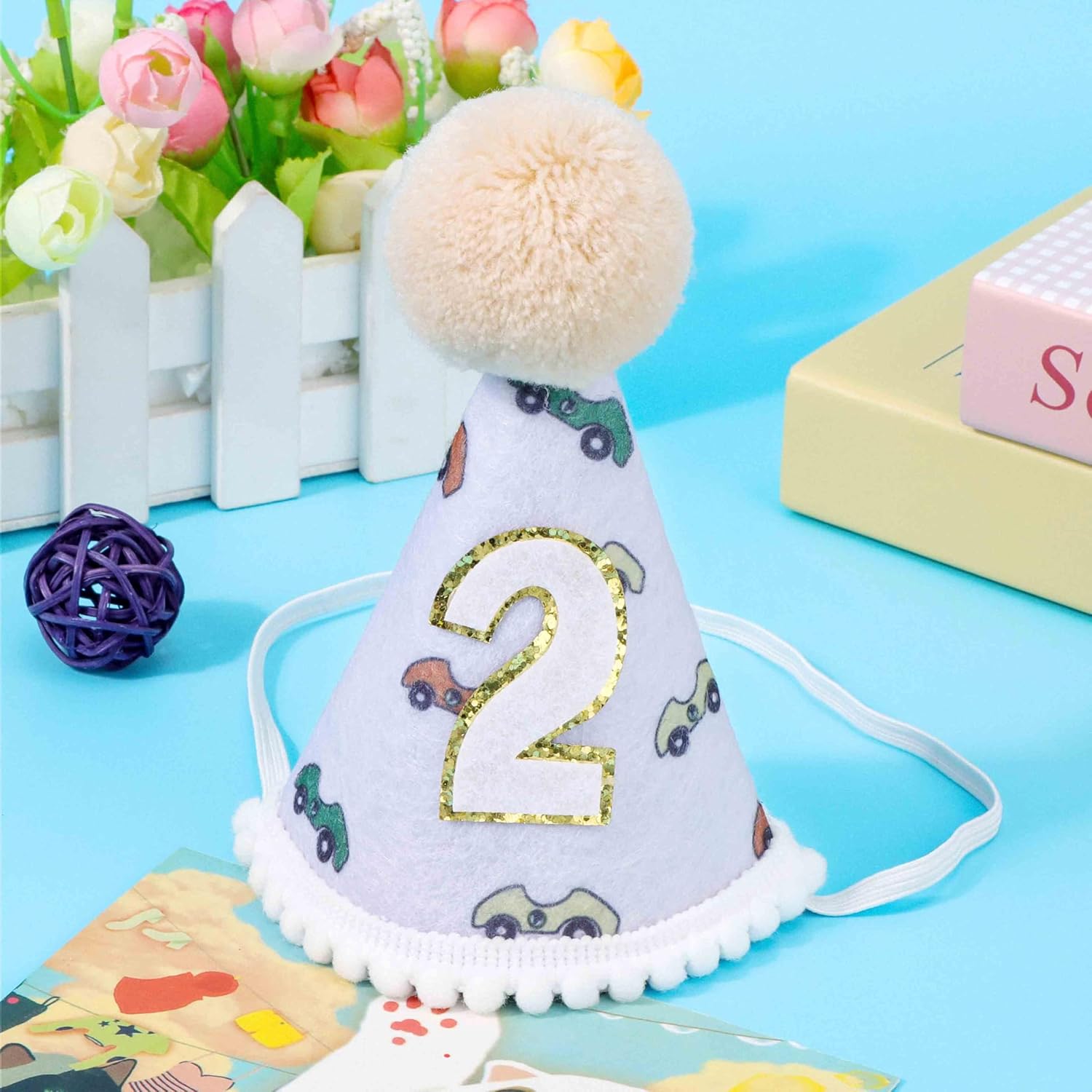 Tihebax 2nd Birthday Party Hat Boys Car Design Toddler Size