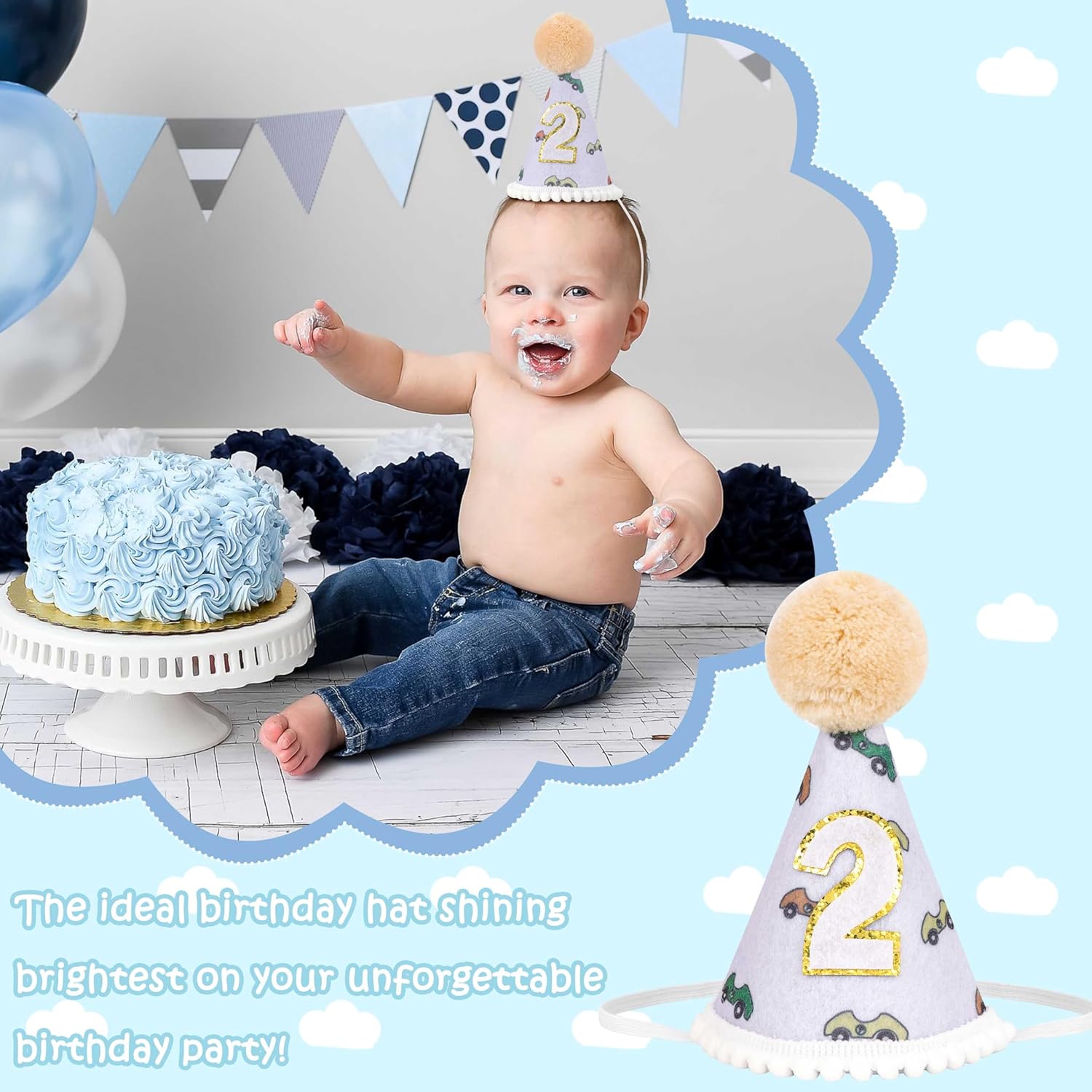 Tihebax 2nd Birthday Party Hat Boys Car Design Toddler Size