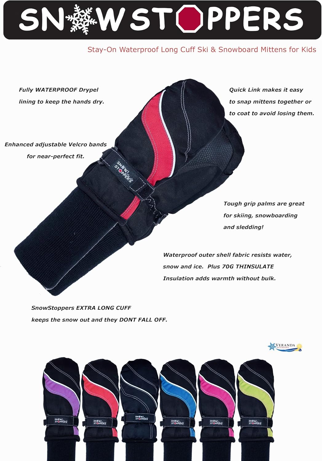 SnowStoppers Kids Waterproof Ski Snowboard Mitten Thinsulate 120g Polyfill