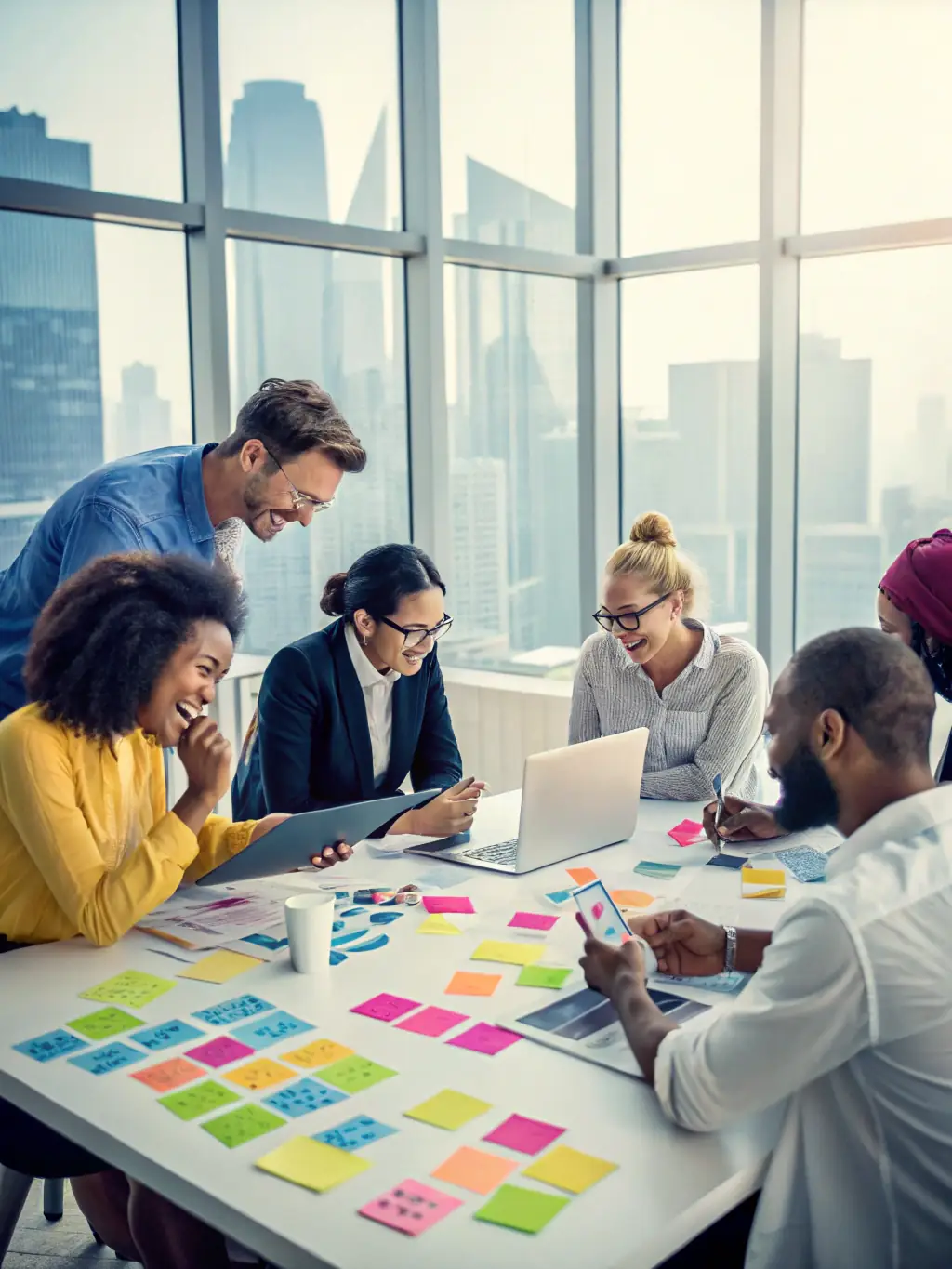 A team of consultants collaborating around a table, brainstorming and developing strategies for digital transformation, showcasing teamwork and innovation.