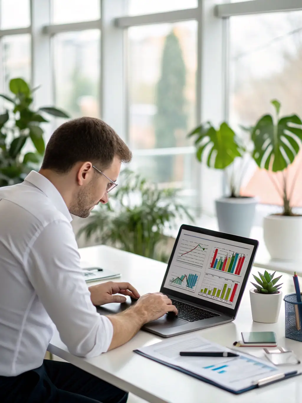 A consultant in a modern office setting, analyzing data on a laptop with charts and graphs displayed on the screen, representing data analytics consulting services.